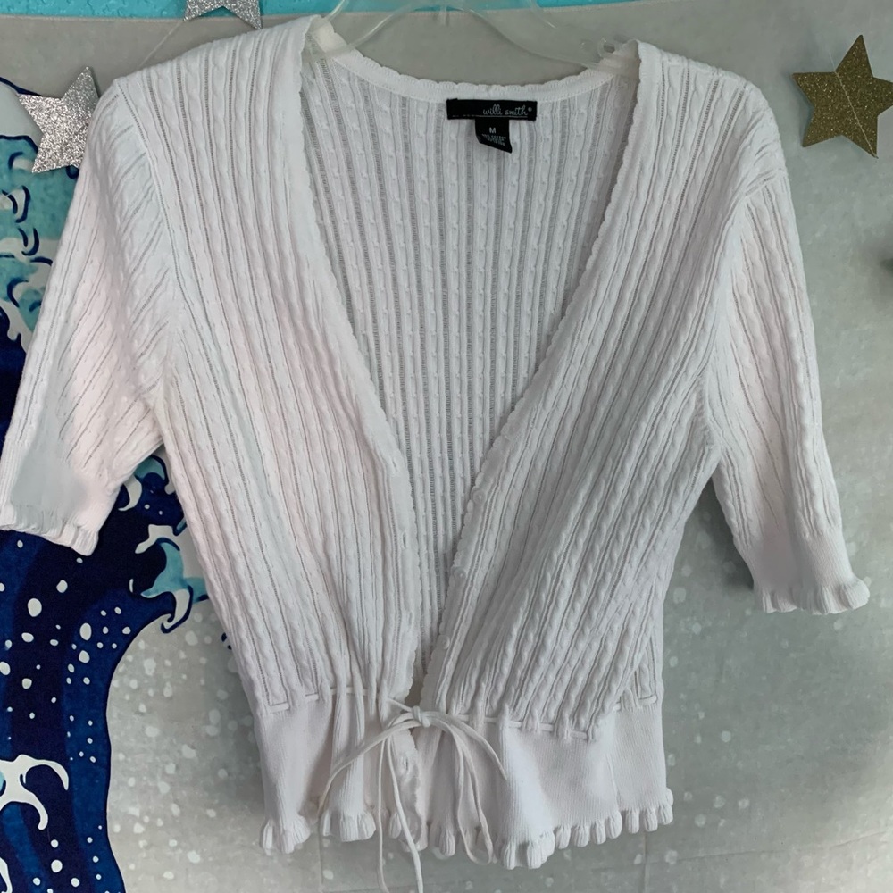 y2k white cinch tie front cardigan